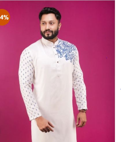 Gents White Casual  Printed Design Semi Long Cotton Punjabi01